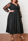 hulianfu British Style Elegant Solid Bandage See-through V Neck A Line Plus Size Dresses