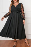 hulianfu British Style Elegant Solid Bandage See-through V Neck A Line Plus Size Dresses