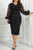 hulianfu Elegant Solid See-through Slit V Neck A Line Plus Size Dresses
