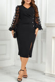 hulianfu Elegant Solid See-through Slit V Neck A Line Plus Size Dresses