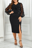hulianfu Elegant Solid See-through Slit V Neck A Line Plus Size Dresses