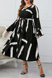 hulianfu Elegant Geometric Bandage Printing V Neck A Line Plus Size Dresses