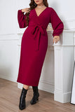 hulianfu Elegant Solid Bandage V Neck A Line Plus Size Dresses