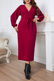 hulianfu Elegant Solid Bandage V Neck A Line Plus Size Dresses