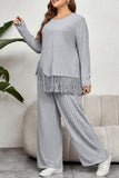 hulianfu Casual Simplicity Solid Tassel Asymmetrical O Neck Plus Size Two Pieces