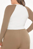 hulianfu Casual Color Block Contrast O Neck Plus Size Tops