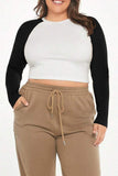 hulianfu Casual Color Block Contrast O Neck Plus Size Tops