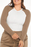 hulianfu Casual Color Block Contrast O Neck Plus Size Tops