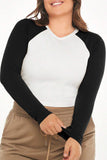 hulianfu Casual Color Block Contrast O Neck Plus Size Tops