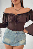 hulianfu Sexy Solid Flounce Off the Shoulder Plus Size Tops