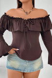 hulianfu Sexy Solid Flounce Off the Shoulder Plus Size Tops