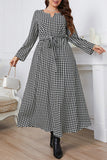 hulianfu Elegant Plaid With Belt O Neck A Line Plus Size Dresses