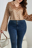 hulianfu Casual British Style Plaid Contrast Turndown Collar Plus Size Tops