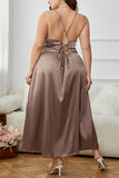 hulianfu Sexy Solid Backless Slit U Neck Sling Dress Plus Size Dresses