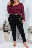 hulianfu Casual Solid Basic Oblique Collar Plus Size Tops