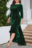 hulianfu Elegant Formal Solid Sequined Asymmetrical O Neck Trumpet Mermaid Plus Size Dresses