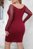 hulianfu Sexy Solid Draw String Mesh V Neck Wrapped Skirt Plus Size Dresses