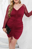 hulianfu Sexy Solid Draw String Mesh V Neck Wrapped Skirt Plus Size Dresses