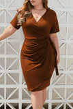 hulianfu Sexy Vacation Solid Bandage Fold V Neck Short Sleeve Dress Plus Size Dresses