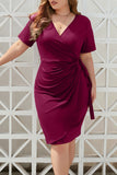 hulianfu Sexy Vacation Solid Bandage Fold V Neck Short Sleeve Dress Plus Size Dresses