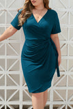 hulianfu Sexy Vacation Solid Bandage Fold V Neck Short Sleeve Dress Plus Size Dresses