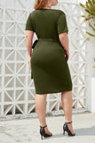 hulianfu Sexy Vacation Solid Bandage Fold V Neck Short Sleeve Dress Plus Size Dresses