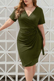 hulianfu Sexy Vacation Solid Bandage Fold V Neck Short Sleeve Dress Plus Size Dresses