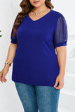 hulianfu Casual Solid Mesh V Neck Plus Size Tops
