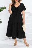 hulianfu Sweet Elegant Solid Pocket Frenulum V Neck A Line Plus Size Dresses