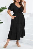 hulianfu Sweet Elegant Solid Pocket Frenulum V Neck A Line Plus Size Dresses