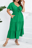 hulianfu Sweet Elegant Solid Pocket Frenulum V Neck A Line Plus Size Dresses