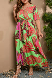 hulianfu Vintage Elegant Geometric Print Bandage V Neck Printed Dress Plus Size Dresses