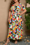 hulianfu Vintage Elegant Geometric Print Bandage V Neck Printed Dress Plus Size Dresses