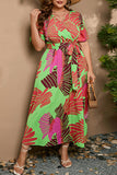 hulianfu Vintage Elegant Geometric Print Bandage V Neck Printed Dress Plus Size Dresses