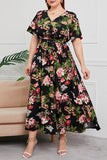 hulianfu Vintage Elegant Geometric Print Bandage V Neck Printed Dress Plus Size Dresses