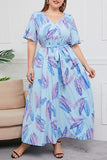 hulianfu Vintage Elegant Geometric Print Bandage V Neck Printed Dress Plus Size Dresses