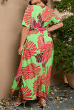 hulianfu Vintage Elegant Geometric Print Bandage V Neck Printed Dress Plus Size Dresses