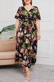 hulianfu Vintage Elegant Geometric Print Bandage V Neck Printed Dress Plus Size Dresses