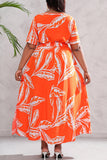 hulianfu Vintage Elegant Geometric Print Bandage V Neck Printed Dress Plus Size Dresses
