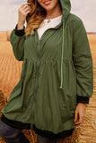 hulianfu Casual Solid Draw String Zipper Hooded Collar Plus Size Overcoat
