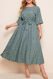 hulianfu Elegant Print Bandage O Neck A Line Plus Size Dresses
