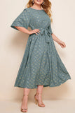 hulianfu Elegant Print Bandage O Neck A Line Plus Size Dresses