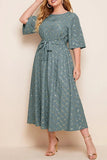 hulianfu Elegant Print Bandage O Neck A Line Plus Size Dresses
