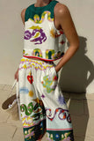 hulianfu Casual Print Pocket O Neck Sleeveless Two Pieces(7 Colors)