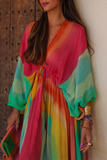 hulianfu Elegant Gradual Change Contrast V Neck Dresses