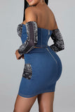 hulianfu Paisley Patchwork Bandeau Romantic Denim Dress Suit