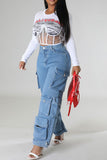 hulianfu Solid Color Cool Multi Pocket Wide Leg Jeans