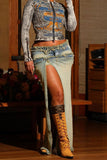 hulianfu Washed Gradient Denim Cool Patchwork Overlay Skirt