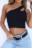 hulianfu Pure Color Sexy Single Shoulder Strap Hollow Tops