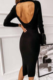 hulianfu hulianfu Open Back Long Sleeve Solid Color Midi Dresses